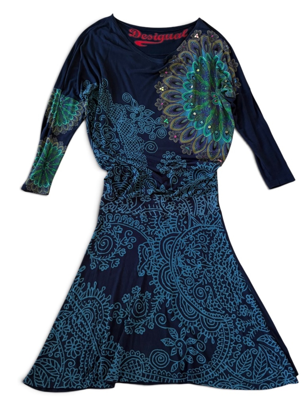 Desigual Boho Fall Embellished Drop Waist Midi Dress Dolman Sleeve